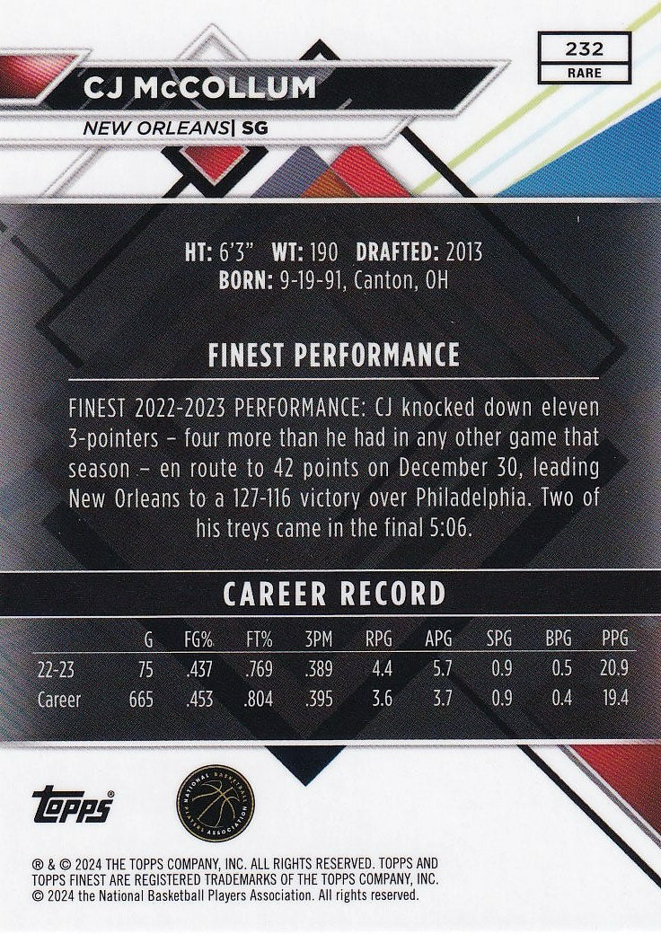 2023-24 Finest Basketball - Base #232 New Orleans Pelicans, CJ McCollum