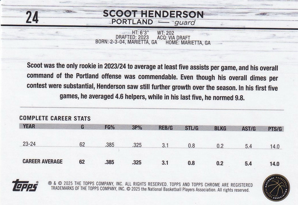 2024-25 Topps Chrome Basketball - Base #24 Portland Trail Blazers, Scoot Henderson