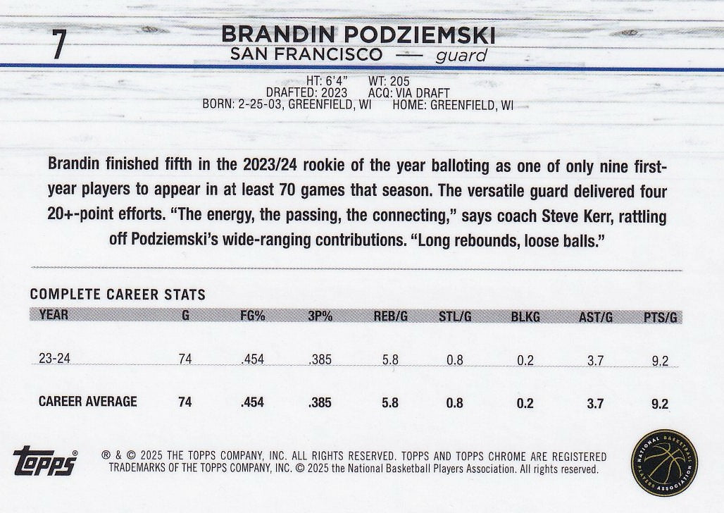 2024-25 Topps Chrome Basketball - Base #7 Golden State Warriors, Brandin Podziemski