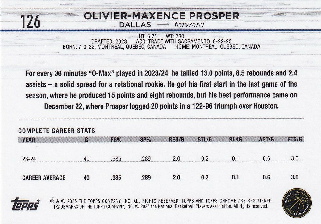 2024-25 Topps Chrome Basketball - Base Pink Basketball Refractor #126 Dallas Mavericks, Olivier-Maxence Prosper