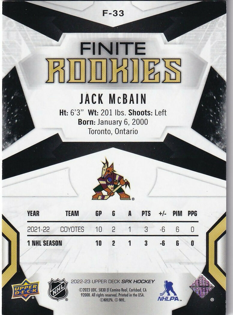 2022-23 Upper Deck SPX - Finite Rookies - Platinum :99 #F-33 Jack McBain - Arizona Coyotes - B