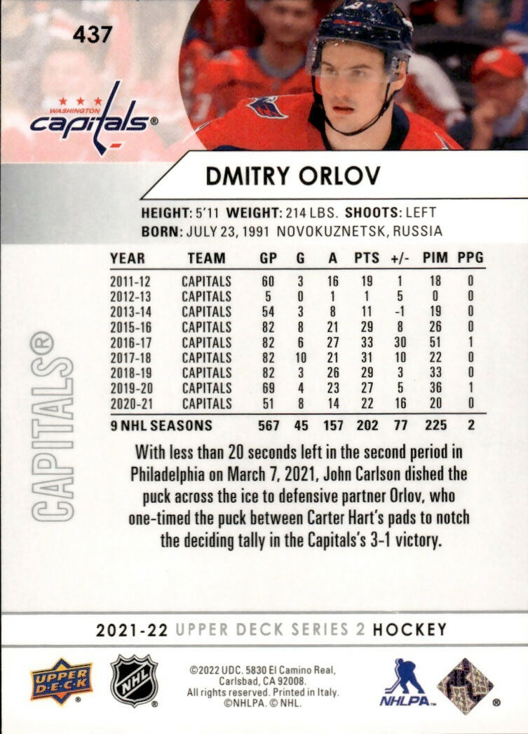 2021-22 Upper Deck Series 2 Hockey - Base #437 Dmitry Orlov - Washington Capitals - B