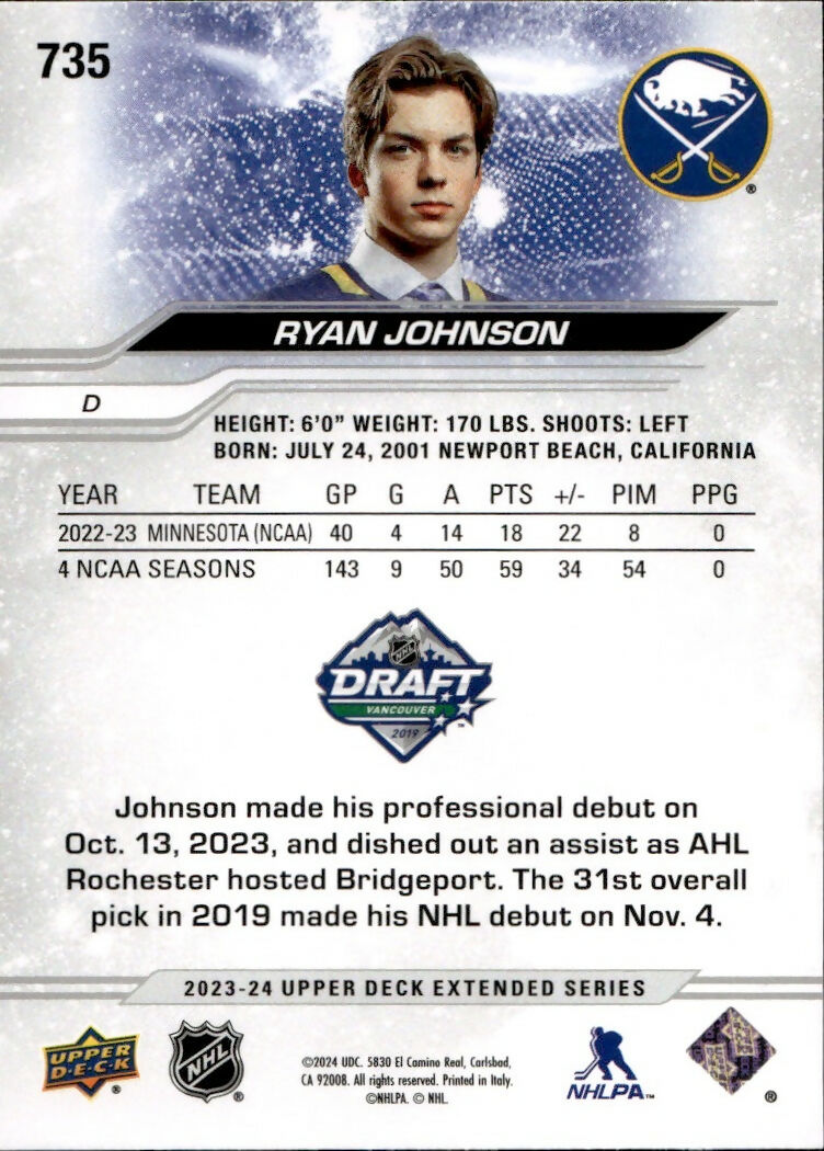 2023-24 Upper Deck Extended Series - Base - 1st Round Rookies #735 Ryan Johnson - Buffalo Sabres - B