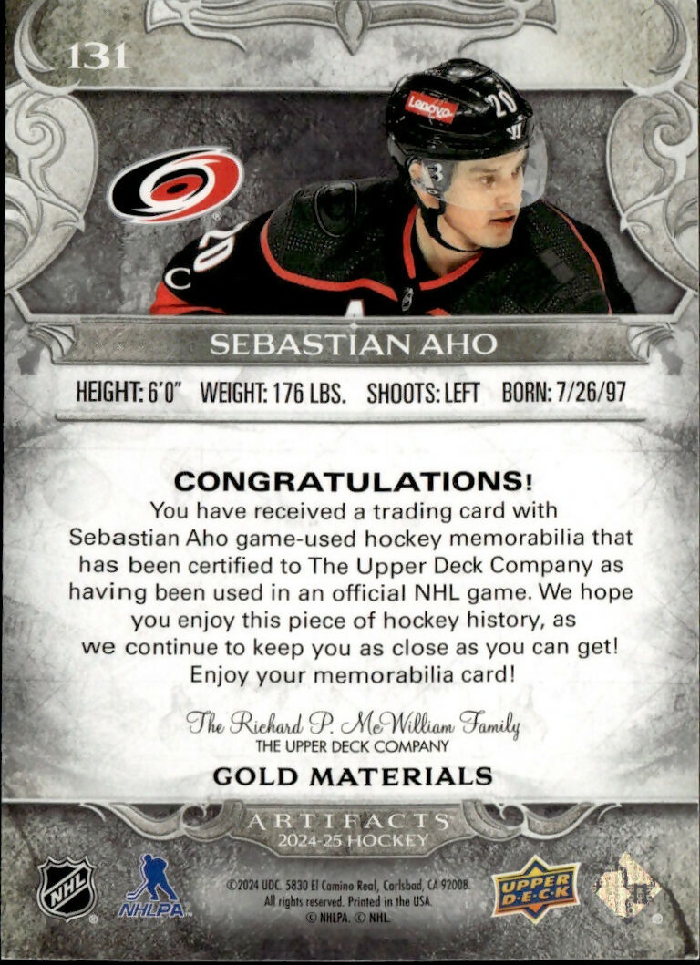 2024-25 Upper Deck Artifacts - Base - Gold Materials #131 Sebastian Aho - Carolina Hurricanes - B