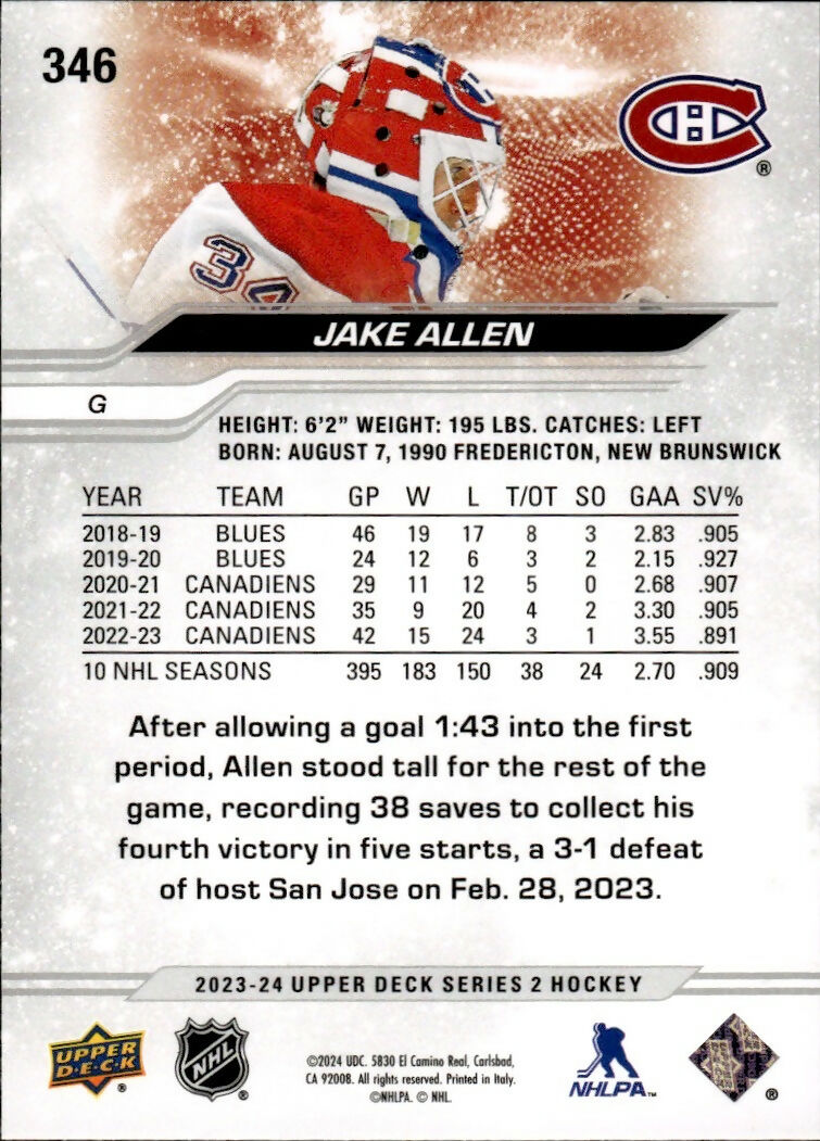 2023-24 Upper Deck Series 2 Hockey - Base #346 Jake Allen - Montreal Canadiens - B