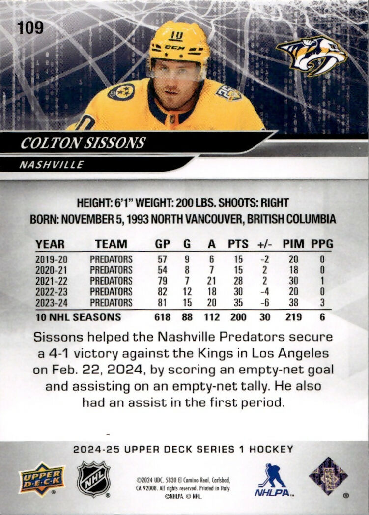 2024-25 Upper Deck Series 1 Hockey - Base #109 Colton Sissons - Nashville Predators