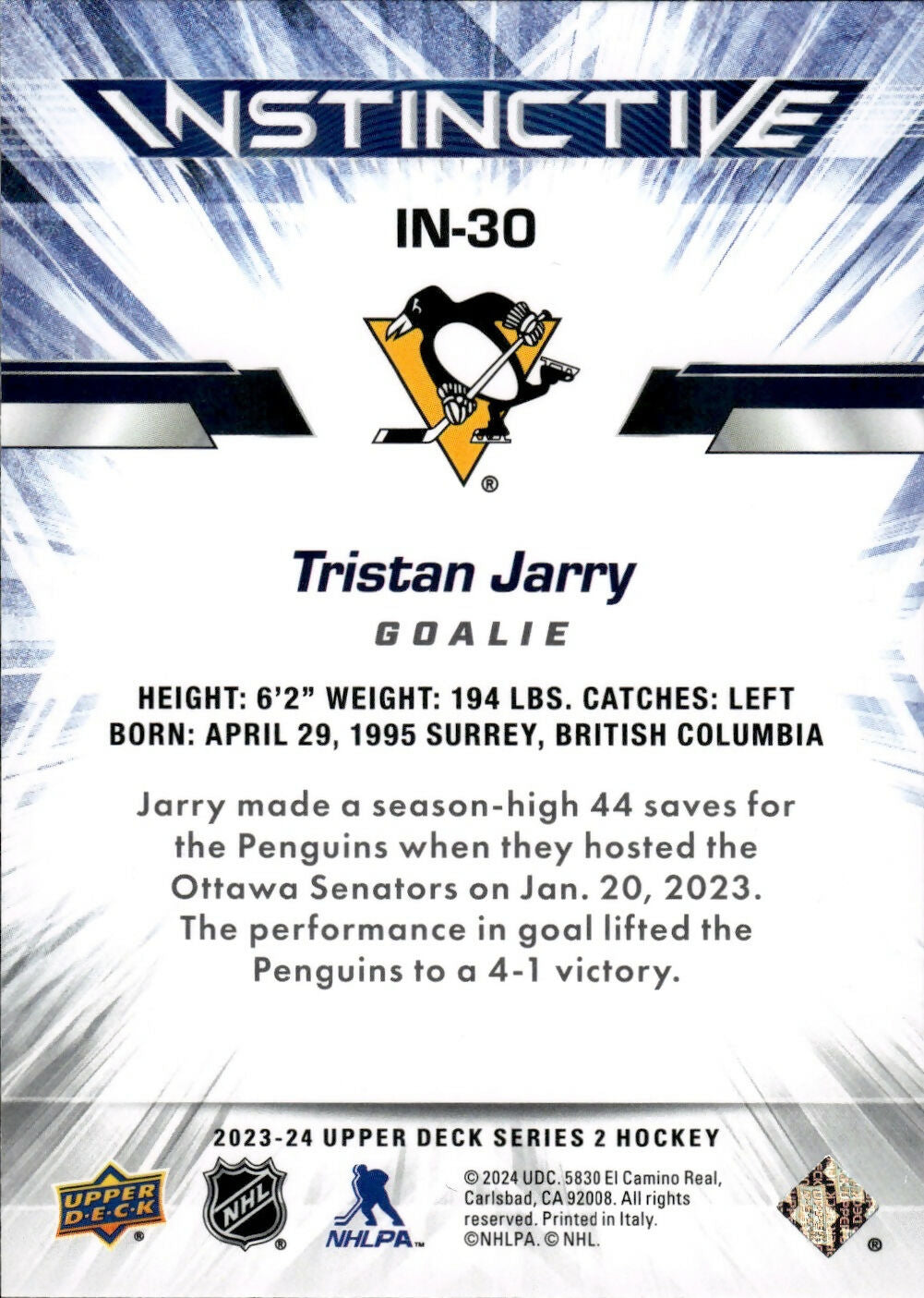 2023-24 Upper Deck Series 2 Hockey - Instinctive #IN-30 Tristan Jarry - Pittsburgh Penguins