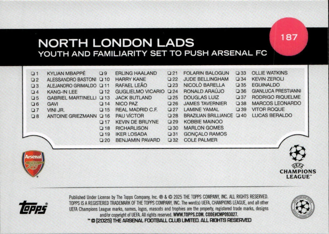 2024-25 Topps UEFA Club Competitions - Base #187 Arsenal FC - North London Lads - B