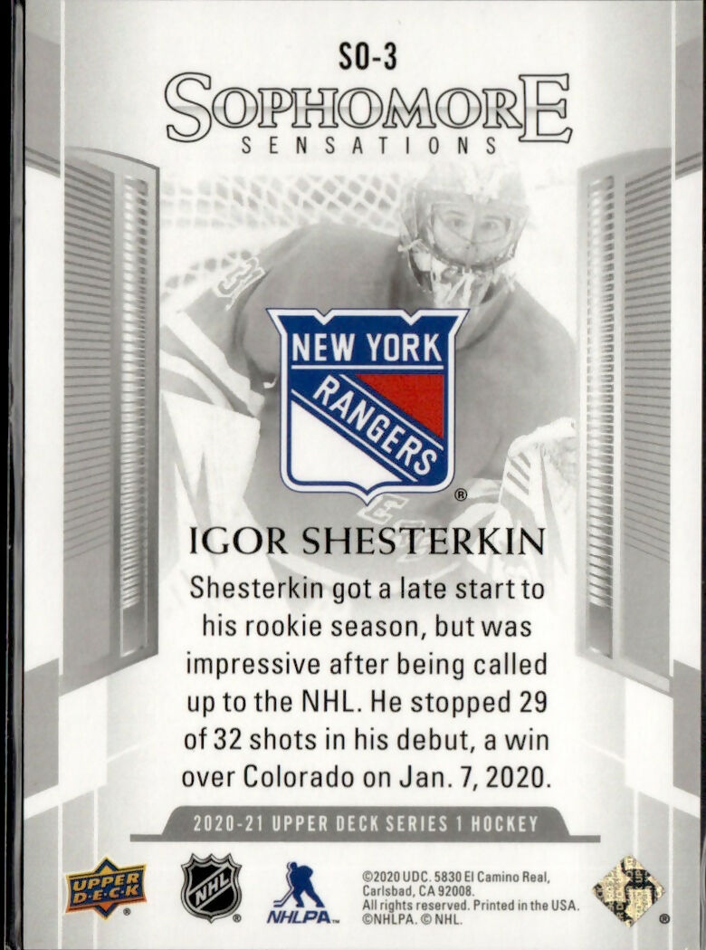 2020-21 Upper Deck Sophomore Sensations #SO-3 Igor Shesterkin New York Rangers