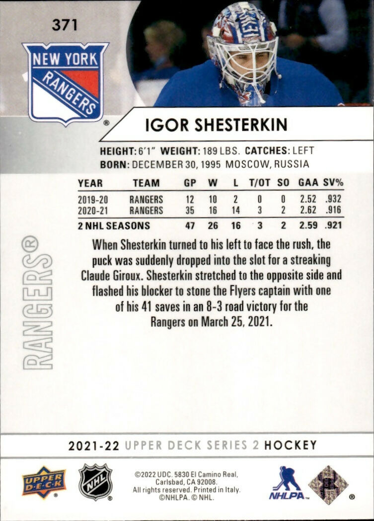 2021-22 Upper Deck Series 2 Hockey - Base #371 Igor Shesterkin - New York Rangers - B