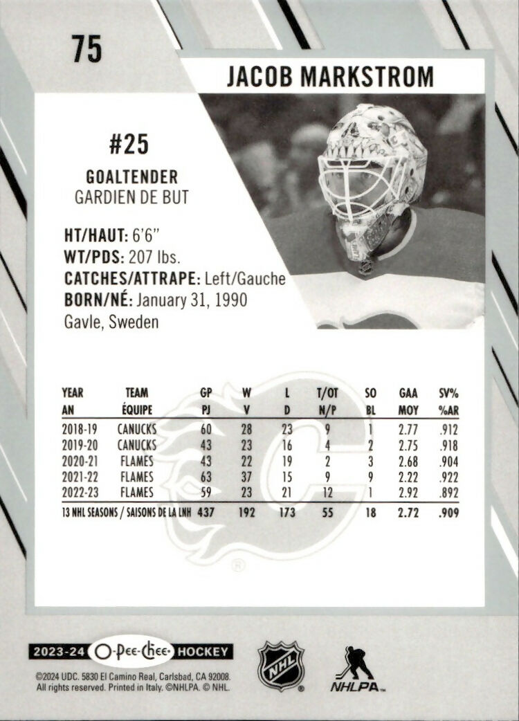 2023-24 Upper Deck O-Pee-Chee Hockey - Base #75 Jacob Markstrom - Calgary Flames