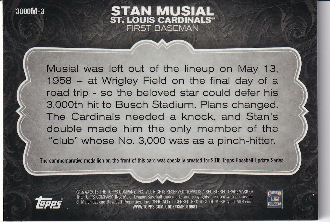 2016 Topps Update 3000 Hits Club Medallions Bronze #3000M-3 Stan Musial St. Louis Cardinals