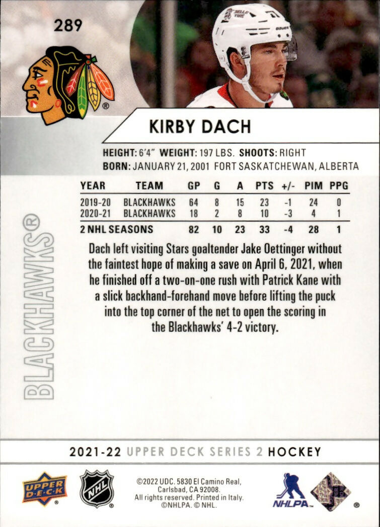 2021-22 Upper Deck Series 2 Hockey - Base #289 Kirby Dach - Chicago Blackhawks - B