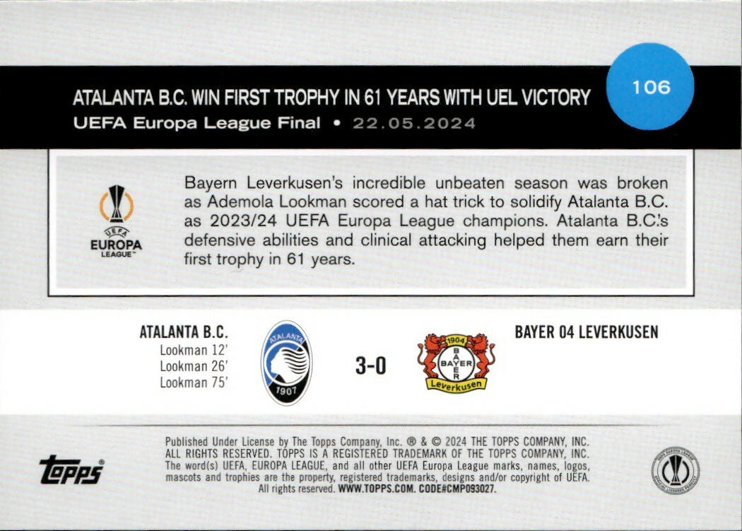 2024-25 Topps UEFA Club Competitions - Base #106 Atalanta B.C - UEFA Europa League Final - B
