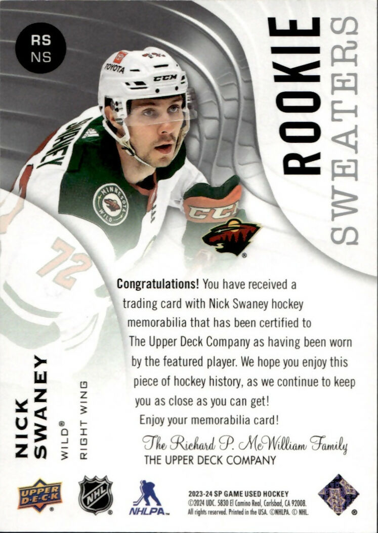 2023-24 Upper Deck SP Game Used Hockey - Rookie Sweaters #RS-NS Nick Swaney - Minnesota Wild - B