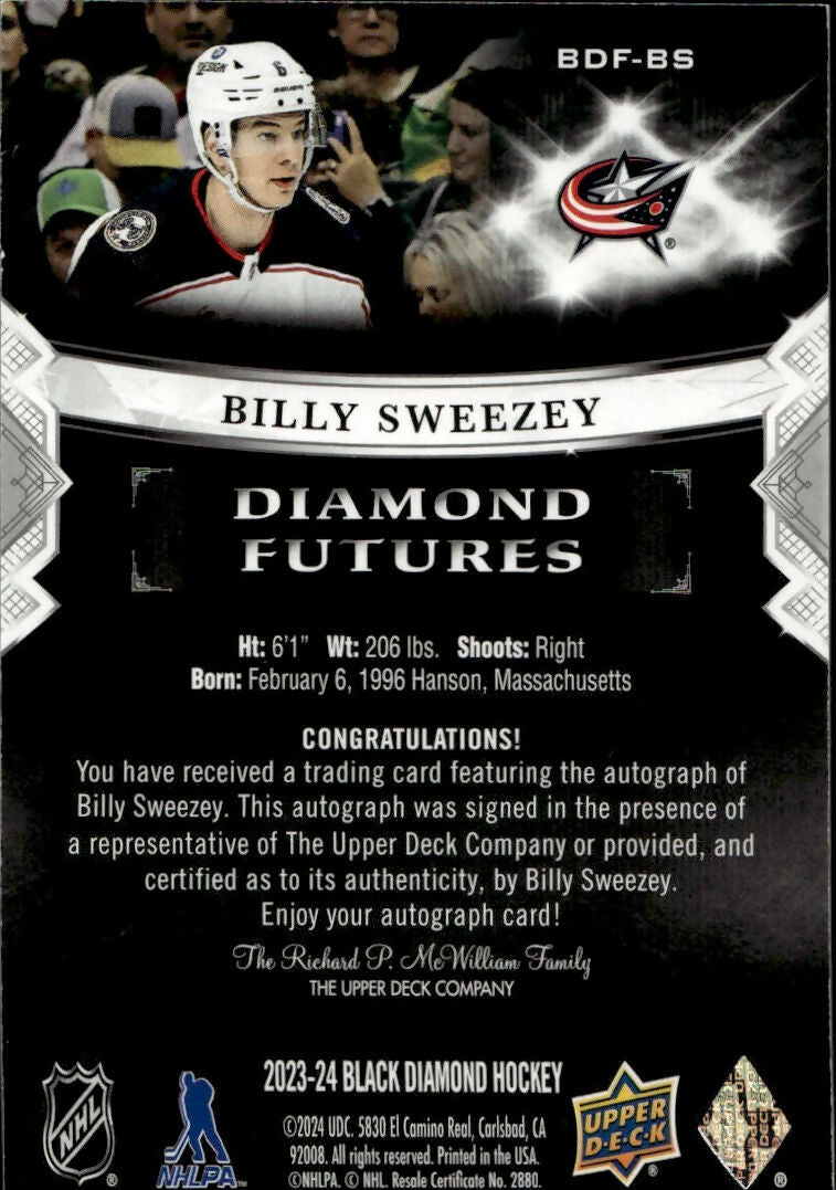 2023-24 Upper Deck Black Diamond Hockey - Diamond Futures :99 #BDF-BS Billy Sweezey - Columbus Blue Jackets - B