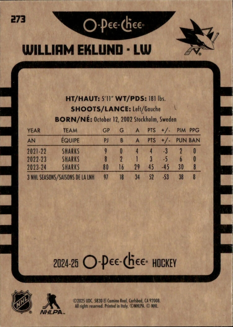 2024-25 Upper Deck O-Pee-Chee - Base - Retro #273 William Eklund - San Jose Sharks - B