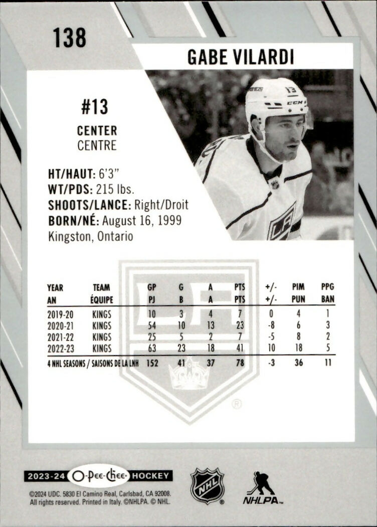 2023-24 Upper Deck O-Pee-Chee Hockey - Base #138 Gabe Vilardi - Los Angeles Kings - B