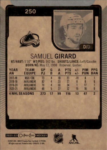 2021-22 Upper Deck O-Pee-Chee Hockey - Base #250 Samuel Girard - Colorado Avalanche