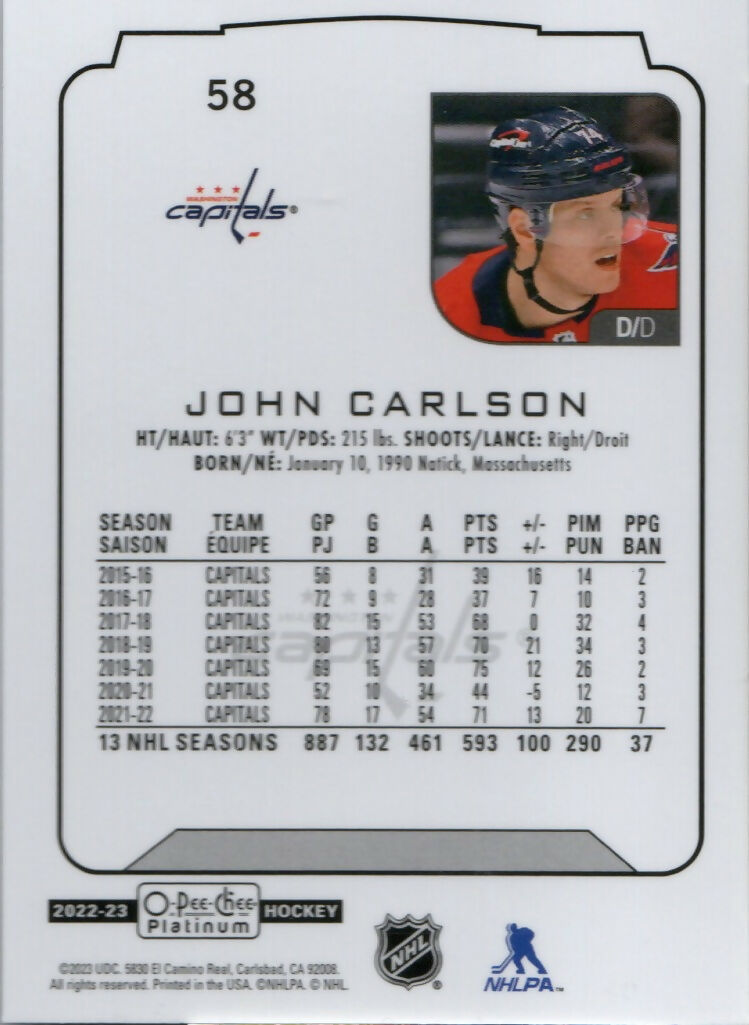 2022-23 Upper Deck O-Pee-Chee Platinum Hockey - Base #58 John Carlson - Washington Capitals