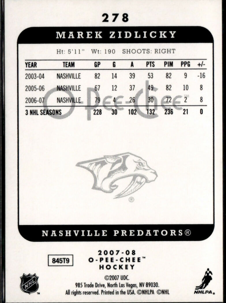 2007-08 O-Pee-Chee - Base #278 Marek Zidlicky - Nashville Predators - B
