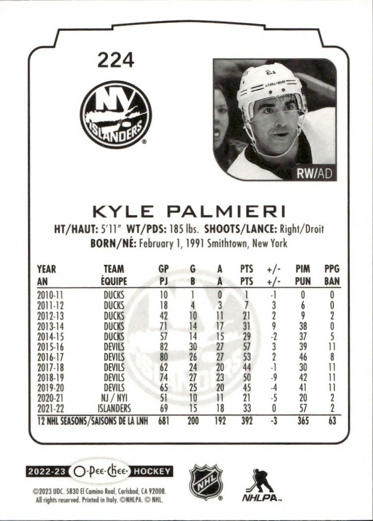 2022-23 Upper Deck O-Pee-Chee Hockey - Base #224 Kyle Palmieri - New York Islanders - B