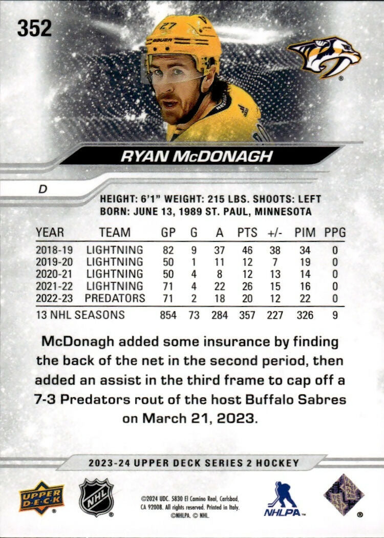 2023-24 Upper Deck Series 2 Hockey - Base #352 Ryan McDonagh - Nashville Predators