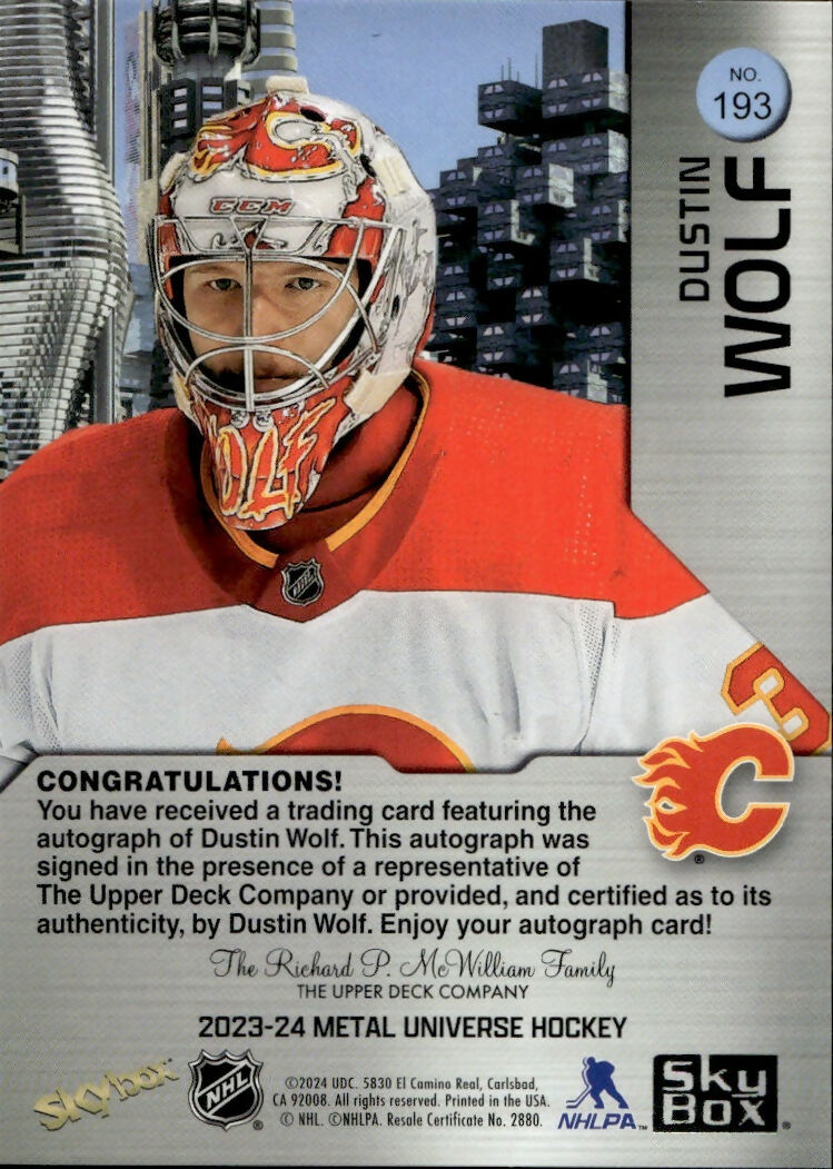 2023-24 Upper Deck Skybox Metal Universe Hockey - Base - Auto :199 #193 Dustin Wolf - Calgary Flames - B