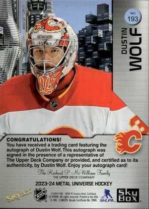2023-24 Upper Deck Skybox Metal Universe Hockey - Base - Auto :199 #193 Dustin Wolf - Calgary Flames - B