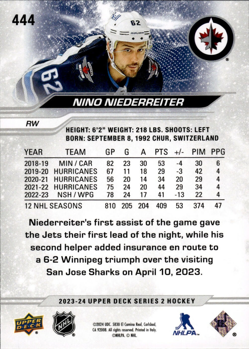 2023-24 Upper Deck Series 2 Hockey - Base #444 Nino Niederreiter - Winnipeg Jets