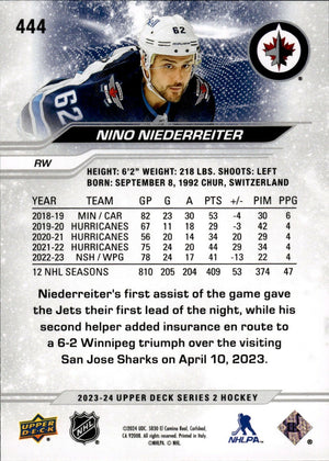 2023-24 Upper Deck Series 2 Hockey - Base #444 Nino Niederreiter - Winnipeg Jets