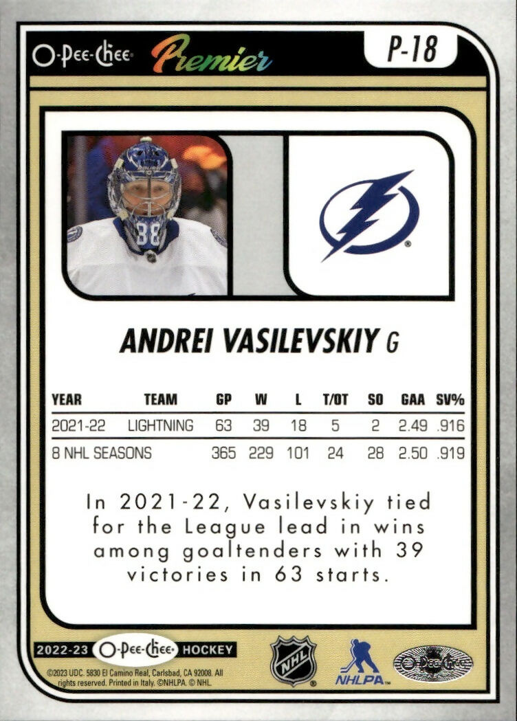 2022-23 Upper Deck O-Pee-Chee Hockey - Premiers #P-18 Andrei Vasilevskiy - Tampa Bay Lightning - B