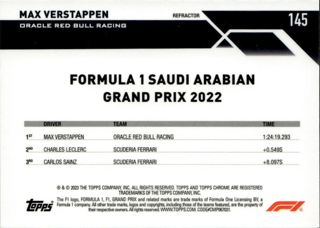 2023 Topps Chrome Formula 1 Base #145 - Grand Prix Winners - Refractor Max Verstappen - Oracle Red Bull Racing - B