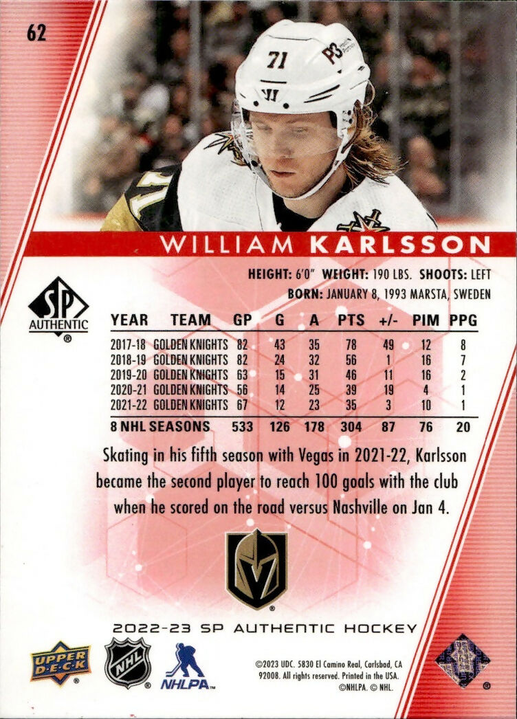 2022-23 Upper Deck SP Authentic Hockey - Base - Red #62 William Karlsson - Vegas Golden Knights - B