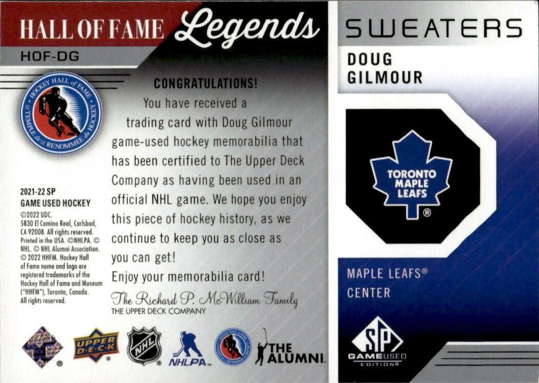2021-22 Upper Deck SP Game Used Hockey - Hall Of Fame - Legends #HOF-DG Doug Gilmore - Toronto Maple Leafs - B