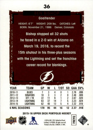 2015-16 Upper Deck Portfolio Hockey - Base #36 Ben Bishop - Tampa Bay Lightning