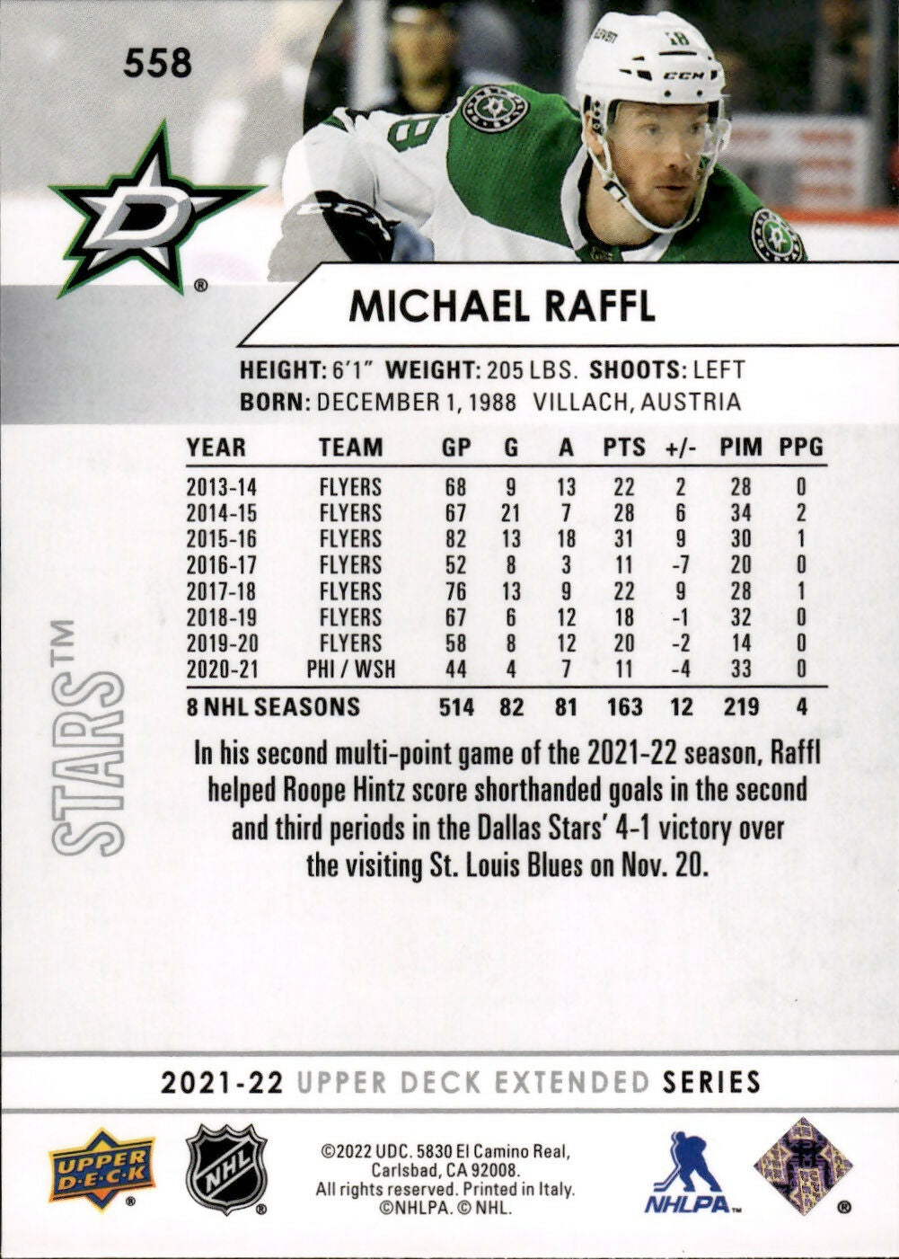 2021-22 Upper Deck Extended Series Hockey - Base #558 Michael Raffl - Dallas Stars