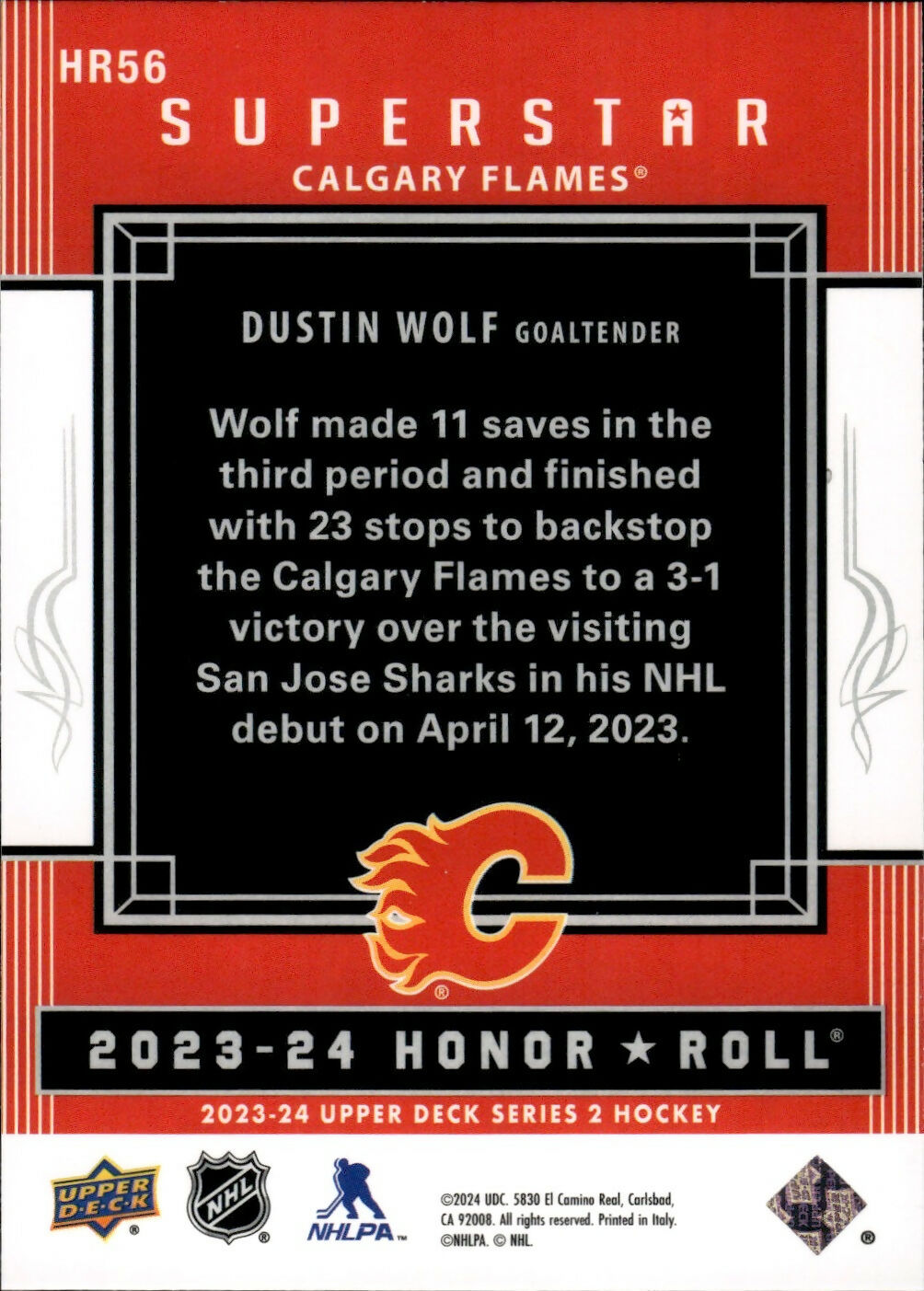 2023-24 Upper Deck Series 2 Hockey - Superstars #HR56 Dustin Wolf - Calgary Flames