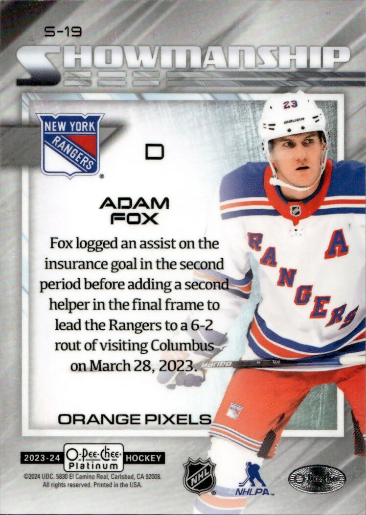 2023-24 Upper Deck O-Pee Chee Platinum Hockey - Showmanship - Orange Pixels :15 #S-19 Adam Fox - New York Rangers - B