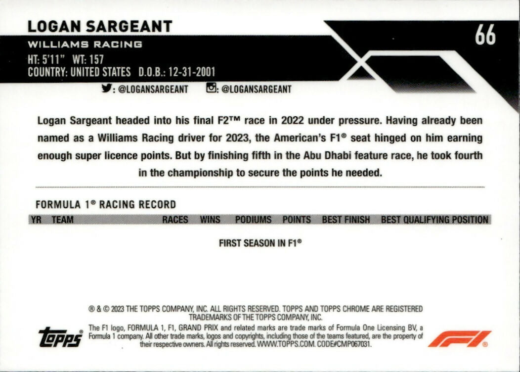 2023 Topps Chrome Formula 1 Base #66 - F1 Drivers - Purple Checker Flag X-factor :199 Logan Sargeant - Williams Racing - B