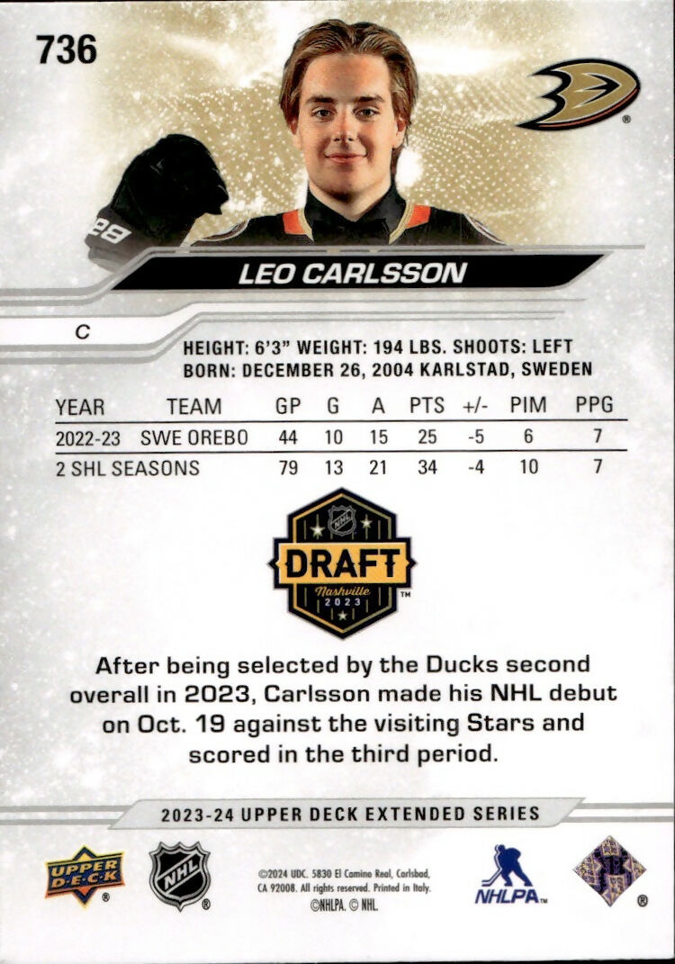 2023-24 Upper Deck Extended Series Hockey - Base - Outburst #736 Leo Carlsson - Anaheim Ducks - B