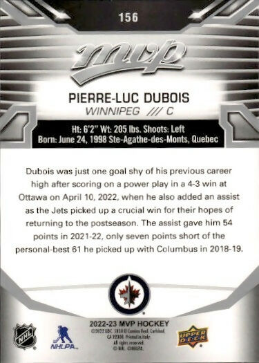 2022-23 Upper Deck MVP Hockey - Base - Silver Scripts #156 Pierre-Luc Dubois - Winnipeg Jets