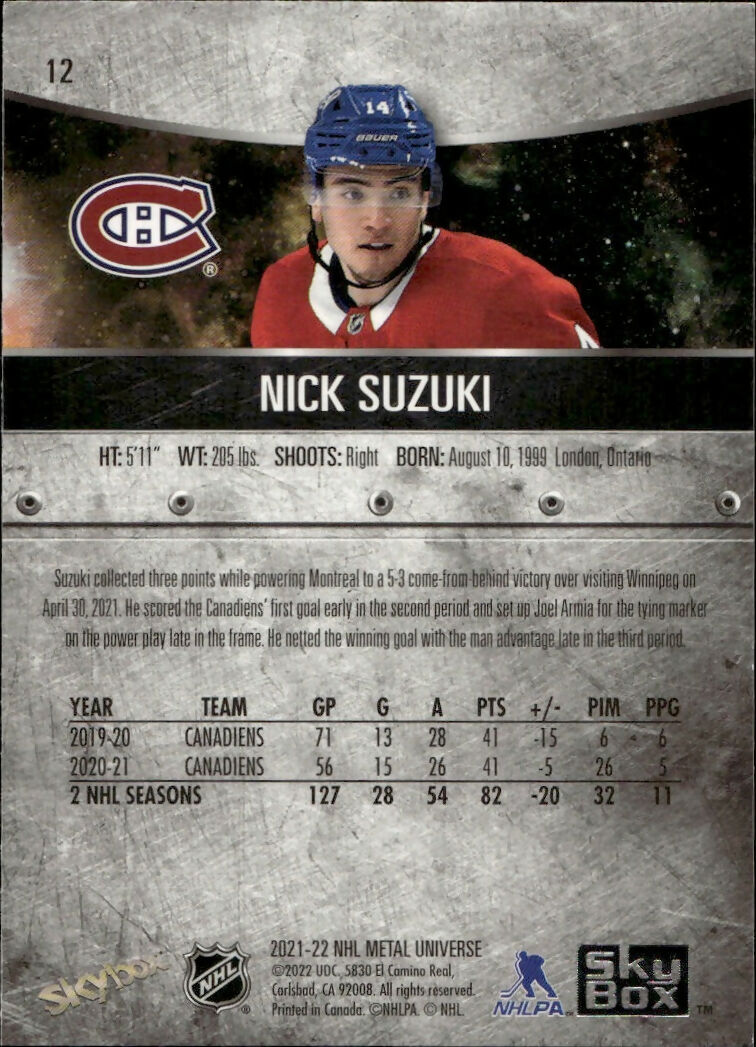 2021-22 Upper Deck Skybox Metal Universe - Base - Blue #12 Nick Suzuki - Montreal Canadiens - B