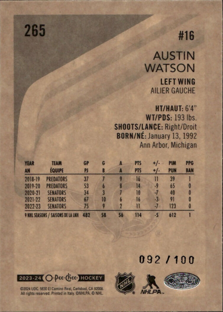 2023-24 Upper Deck O-Pee-Chee Hockey - Base - Retro - Black /100 #265 Austin Watson - Ottawa Senators