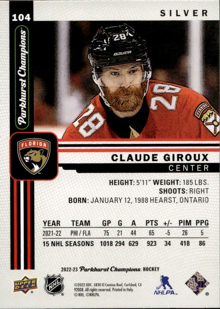 2022-23 Upper Deck Parkhurst Champions - Base - Silver #104 Claude Giroux - Florida Panthers - B