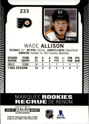 2021-22 Upper Deck O-Pee Chee Platinum Hockey - Base #233 Wade Allison - Philadelphia Flyers - B