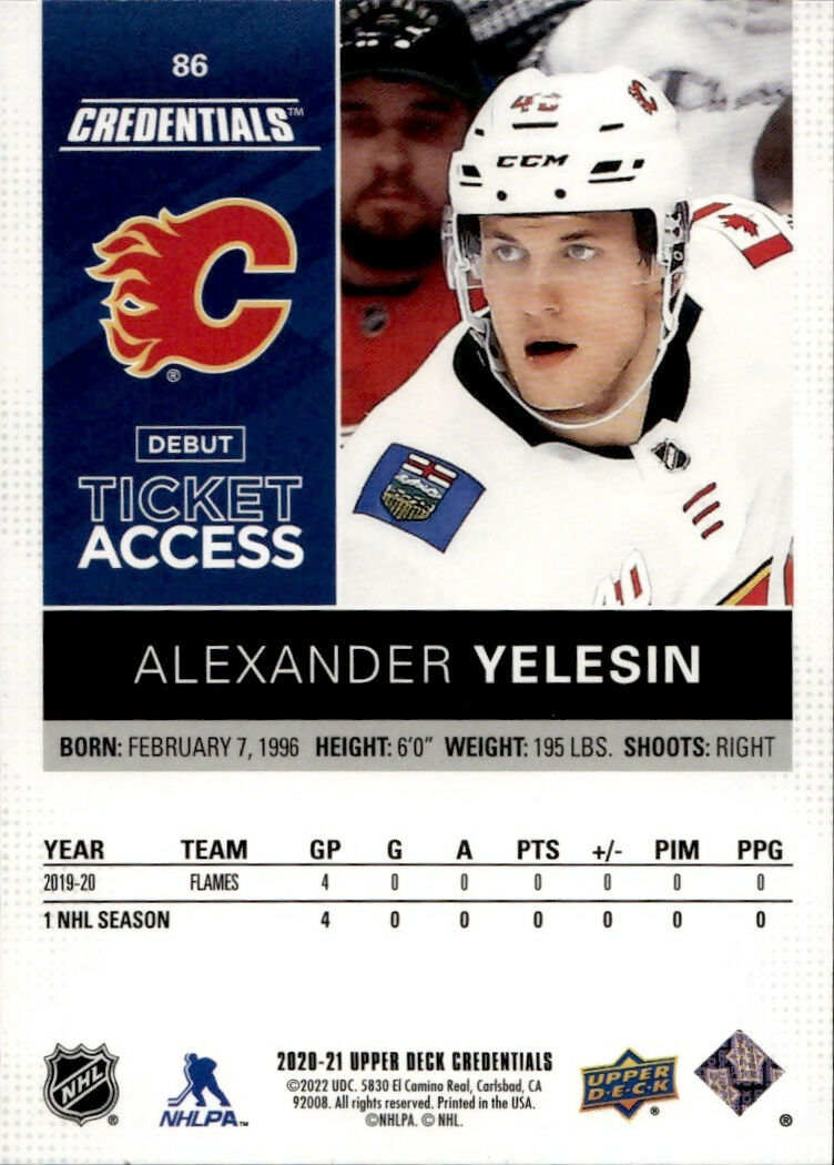 2020-21 Upper Deck Credentials Hockey - Debut Ticket Access :999 #86 Alexander Yelesin - Calgary Flames - B