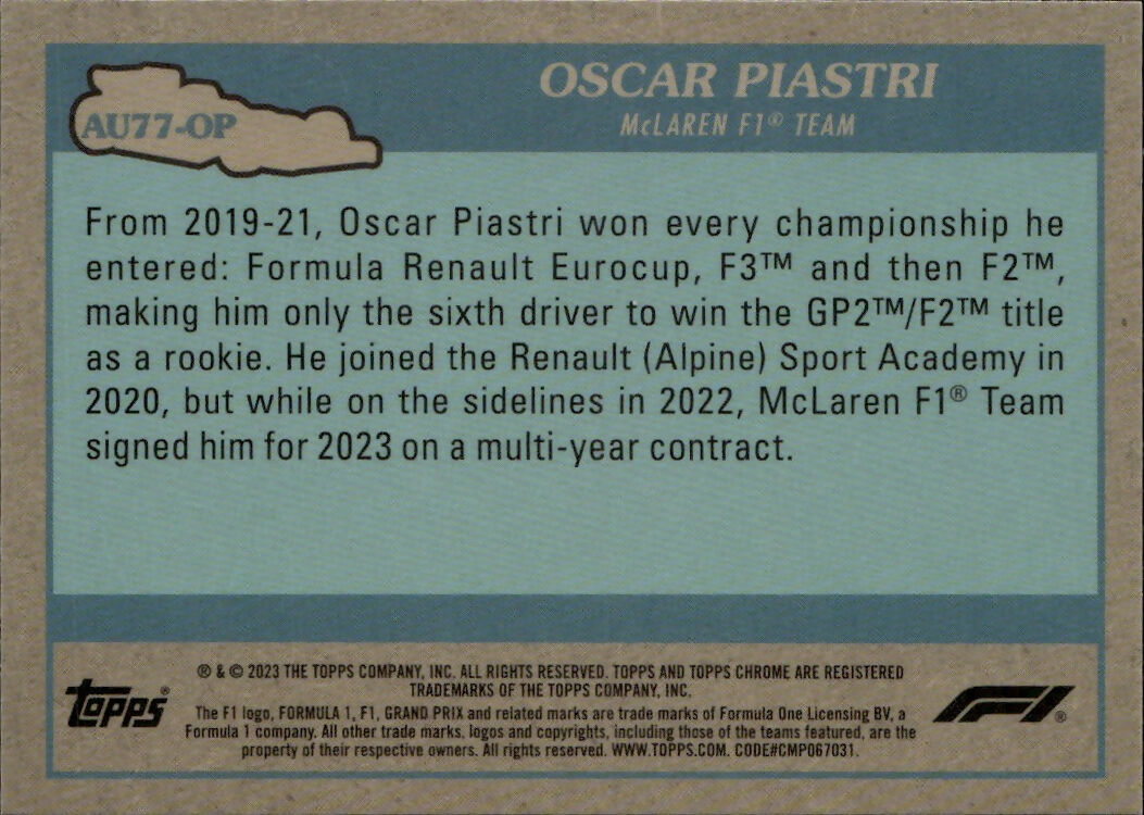 2023 Topps Chrome Formula 1 Autos of 1977 #AU77-OP Oscar Piastri - McLaren F1 Team - B