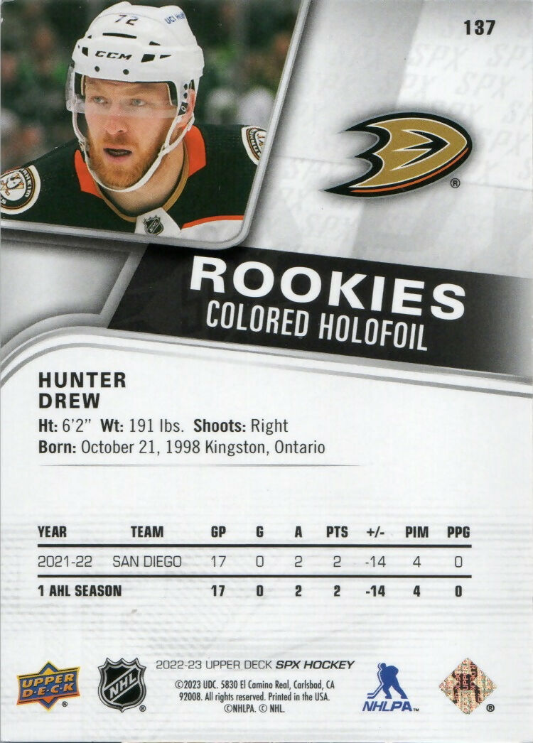 2022-23 Upper Deck SPX Hockey -  Rookies - Purple :149 #137 Hunter Drew - Anaheim Ducks - B