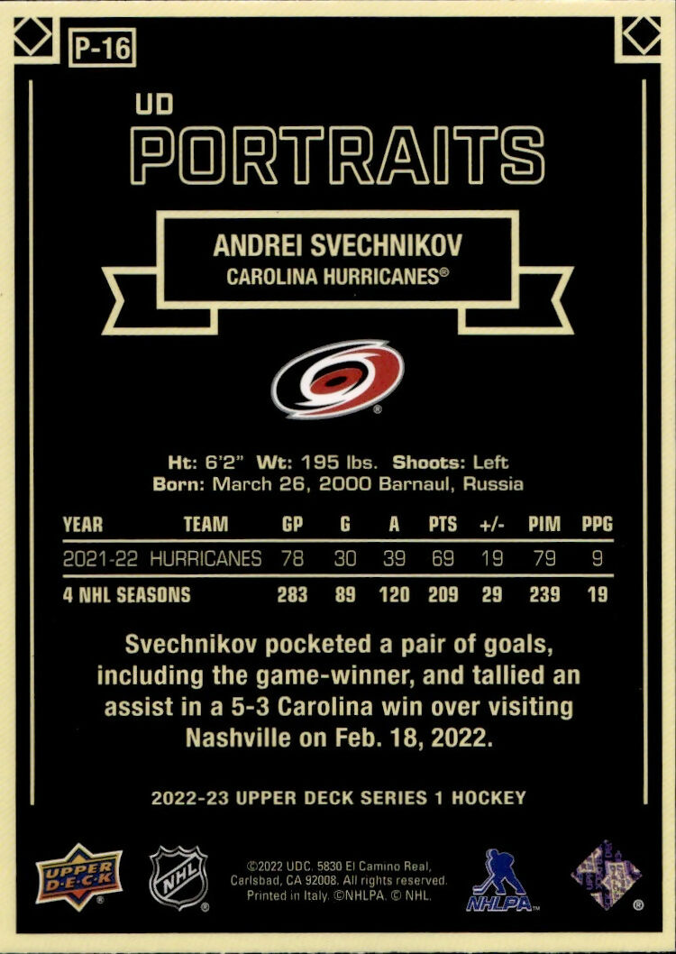 2022-23 Upper Deck Series 1 Hockey - Portraits #P-16 Andrei Svechnikov - Carolina Hurricanes - B